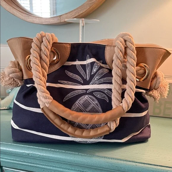 Tommy Bahama Navy and Tan Rope Handle Tote Bag - Picture 2 of 5